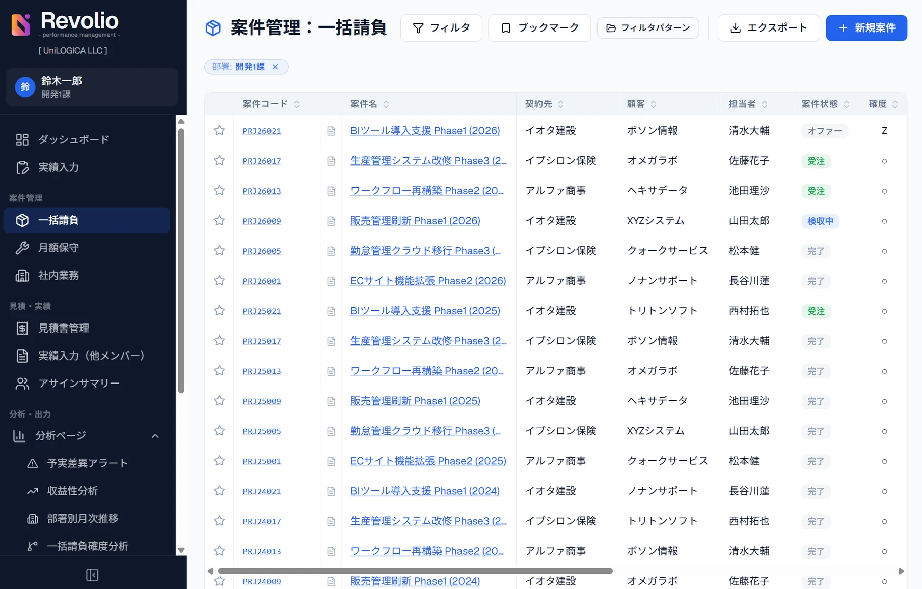 Revolio 案件一覧画面（デモ環境・ダミーデータ）